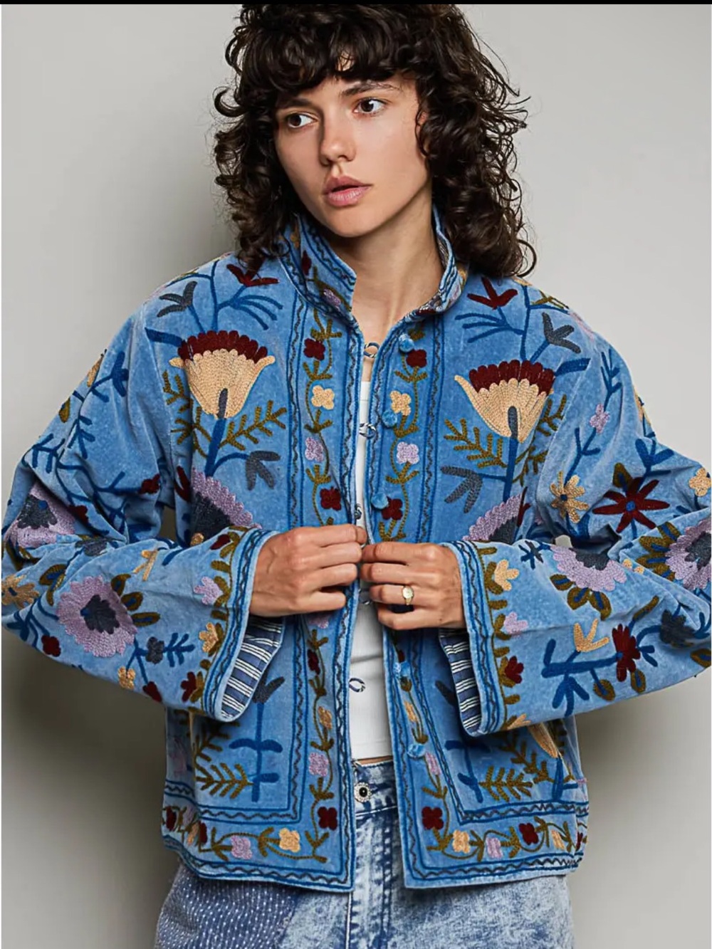 POL Denim Blue Cotton Velvet Embroidered Floral Suzani Jacket - Picture 1 of 6